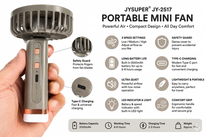 JYSUPER JY-2517 Foldable Mini Handheld Fan | Rechargeable Portable Fan with LED Light