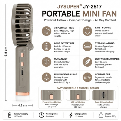 JYSUPER JY-2517 Foldable Mini Handheld Fan | Rechargeable Portable Fan with LED Light